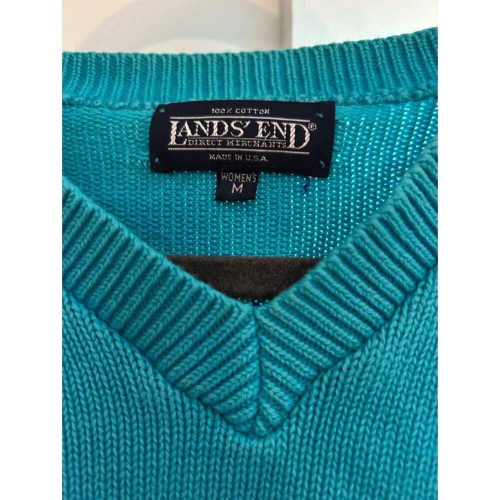 Lands’ End Women’s M Turquoise 100% Cotton V Neck Sweater Made in USA